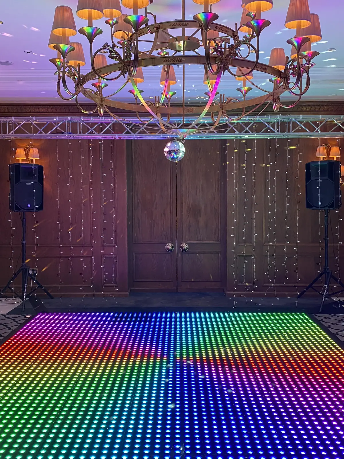 Gala dinner DJ rig with LED floor and mirror ball
